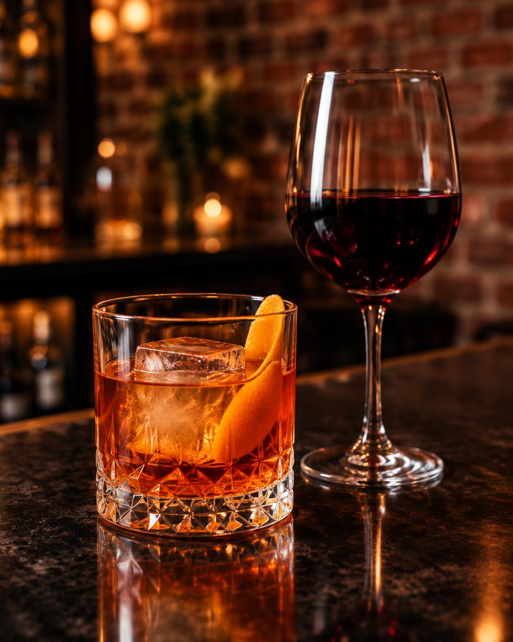 Cocktail e calice di vino rosso al bancone (immagine illustrativa)
