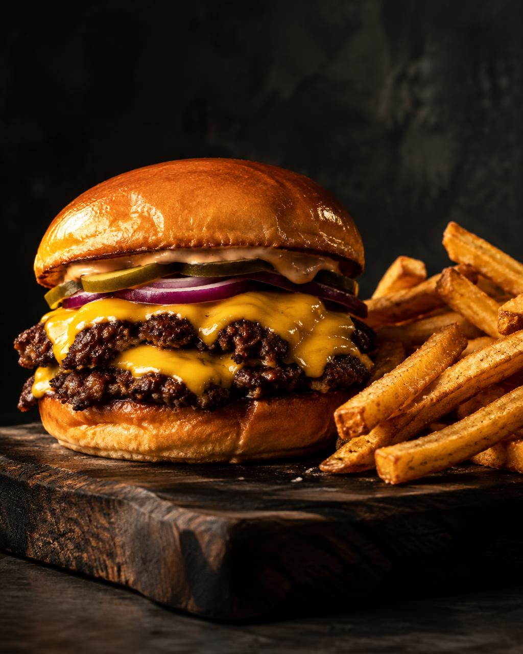 Burger con formaggio fuso e patatine (immagine illustrativa)