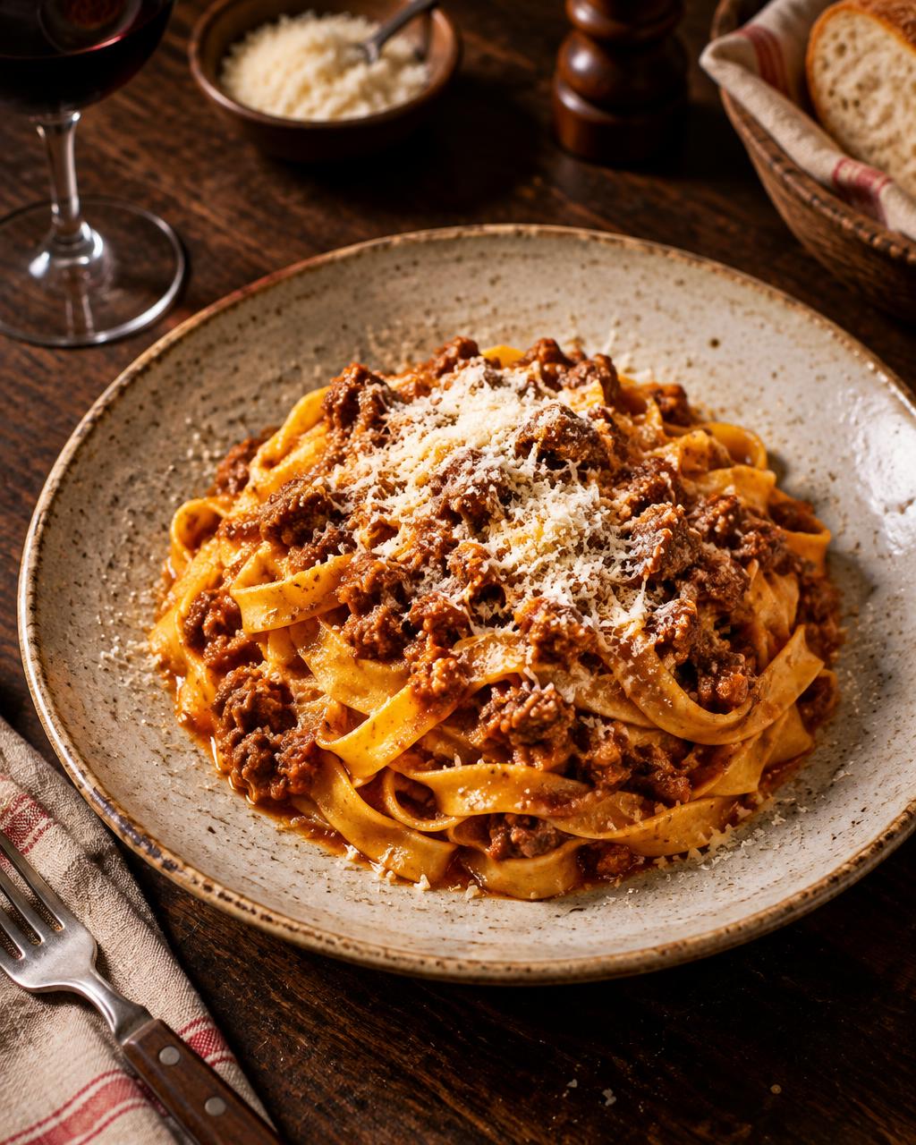 Tagliatelle al ragù con parmigiano (immagine illustrativa)