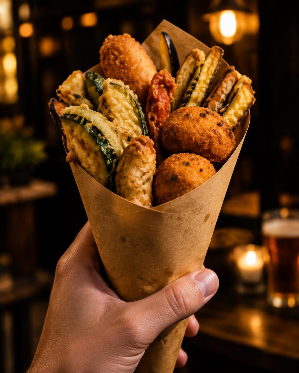 Cono di fritti misti tenuto in mano (immagine illustrativa)